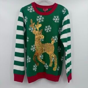 To Be Jolly Sweater Women Large NEW Green Christmas Reindeer Sequins Holiday